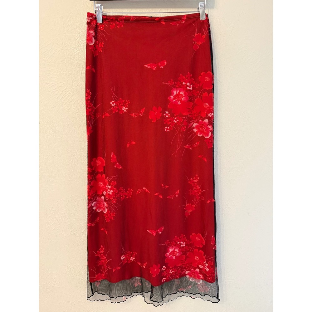 USA Vintage 90s Red Floral Butterfly Mesh Midi Skirt Lettuce Edge L whimsy goth